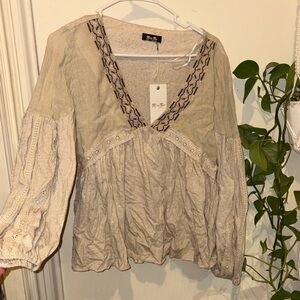 Miss Me Beige Embroidered Blouse